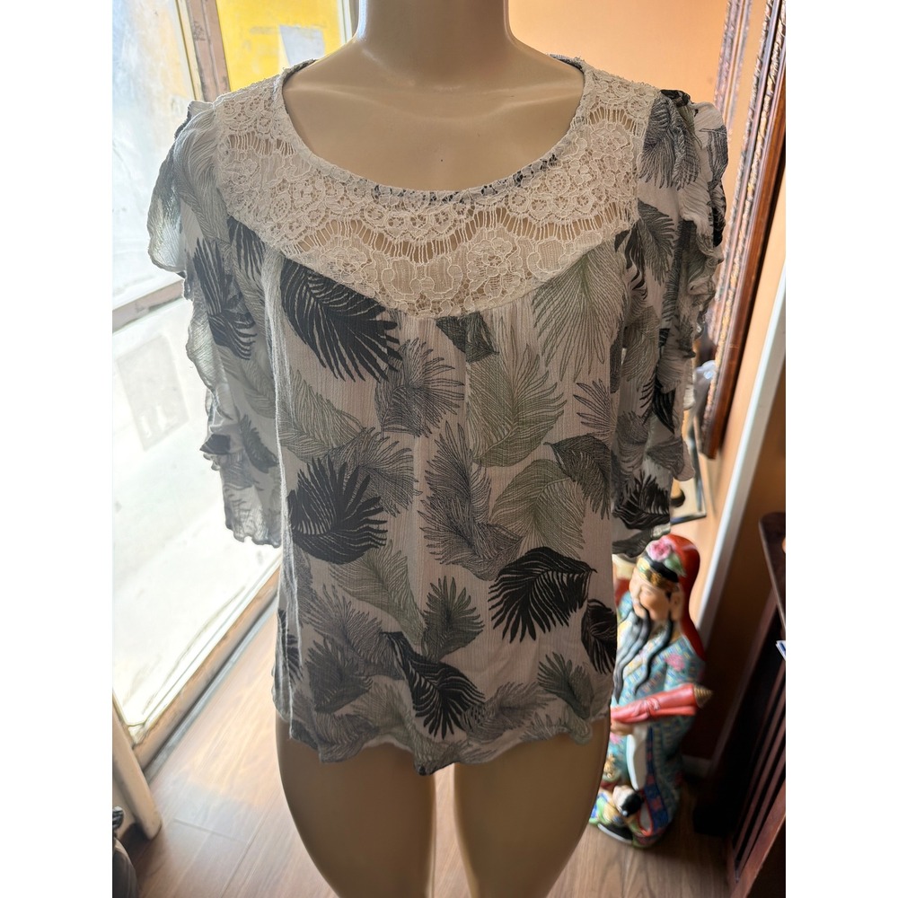 Hazel Tropical Palm Leaf Lace Yoke‎ Ruffle Sleeve Blouse Green Black Size M